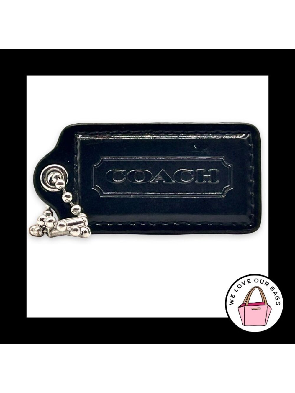 COACH HANG TAG 2.5" Black Patent Leather Bag Charm Keychain Fob Nickel Large